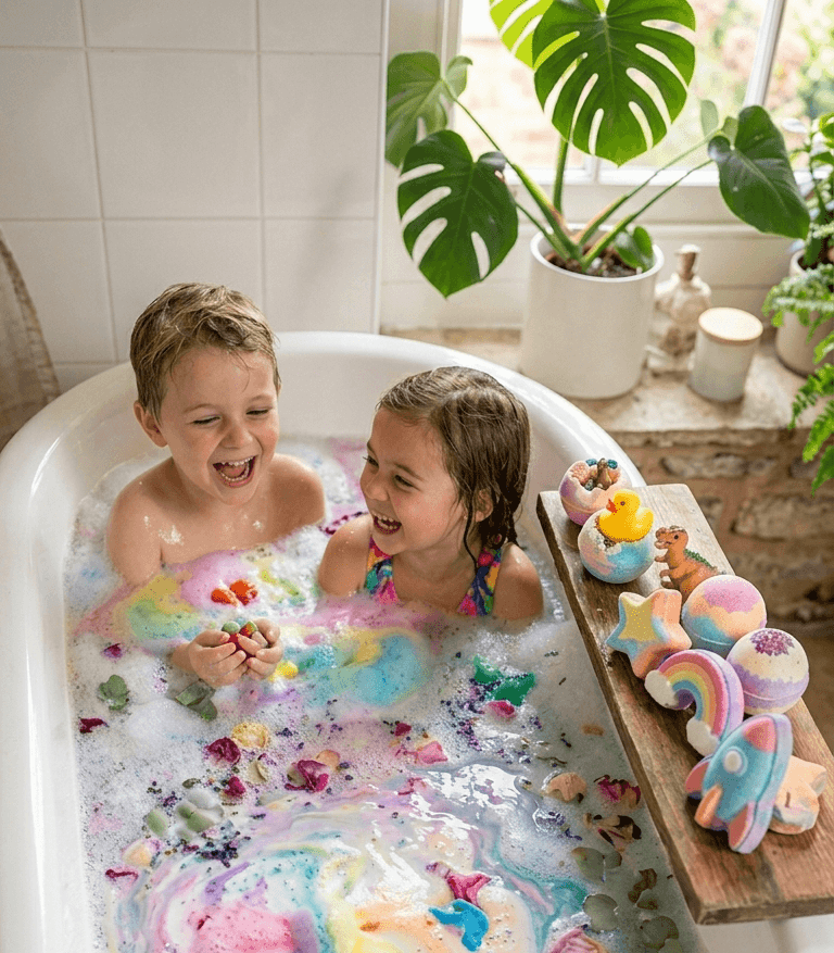 Two children in a bathtub filled with colorful bath toys and bubbles.